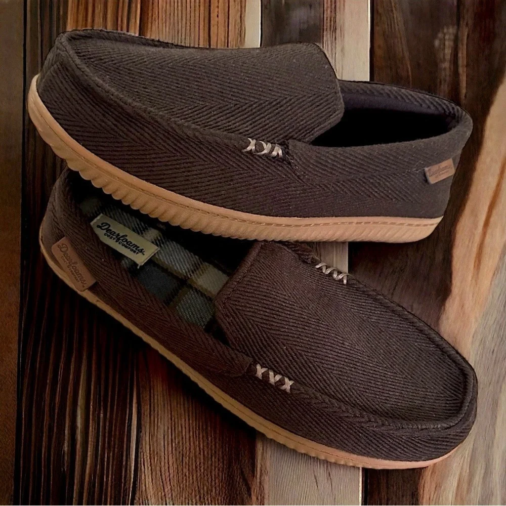 New Dearfoams Cozy Comfort Men's Herringbone Moccasin Slippers Size Medium 9-10